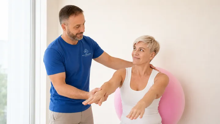 Orthopädische Bewegungsuntersuchung einer Patientin in der Praxis